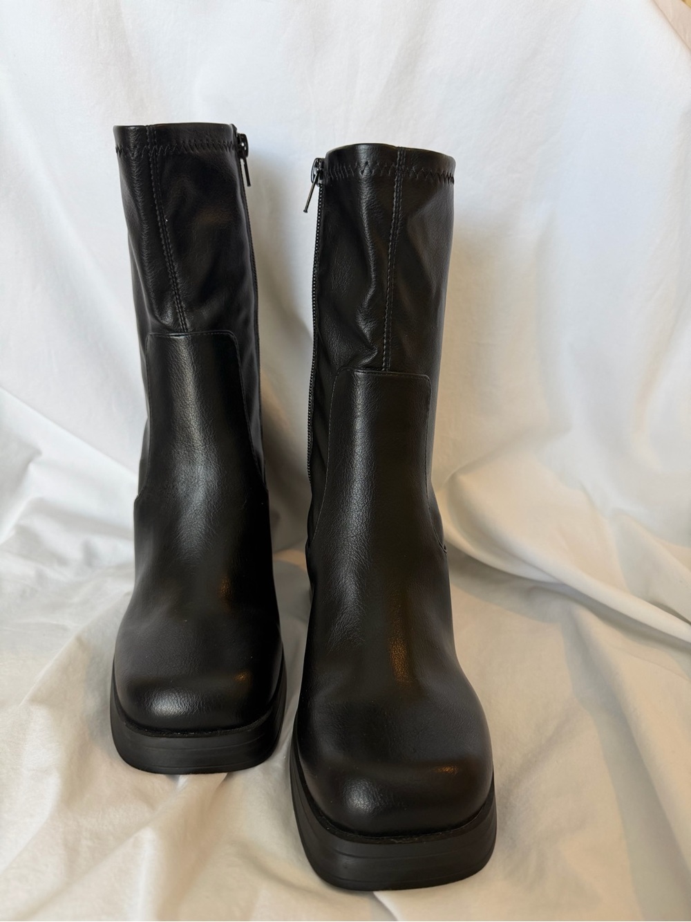 ASOS Black Mid-Calf Chunky Heel Zip Booties - Picture 2 of 5